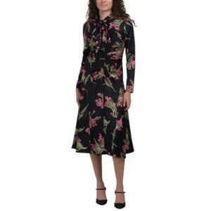 TERI JON Twill Floral Tie Neck Ruched Dress